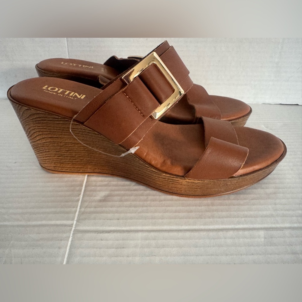 Lottini Italian Leather Brown Leather Wedge‎ Sandals Gold Buckle Slides shoes 9